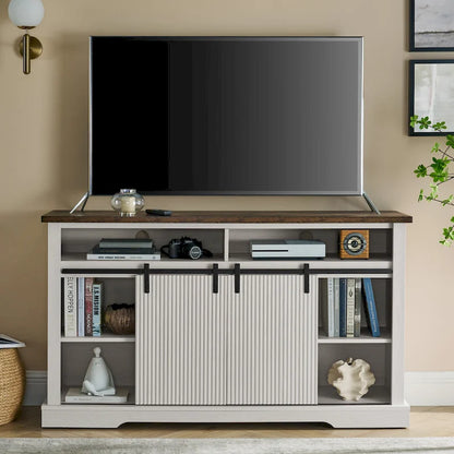 Meuble TV rustique avec portes coulissantes de style grange, étagères de rangement supérieures et inférieures et étagères réglables pour salon
