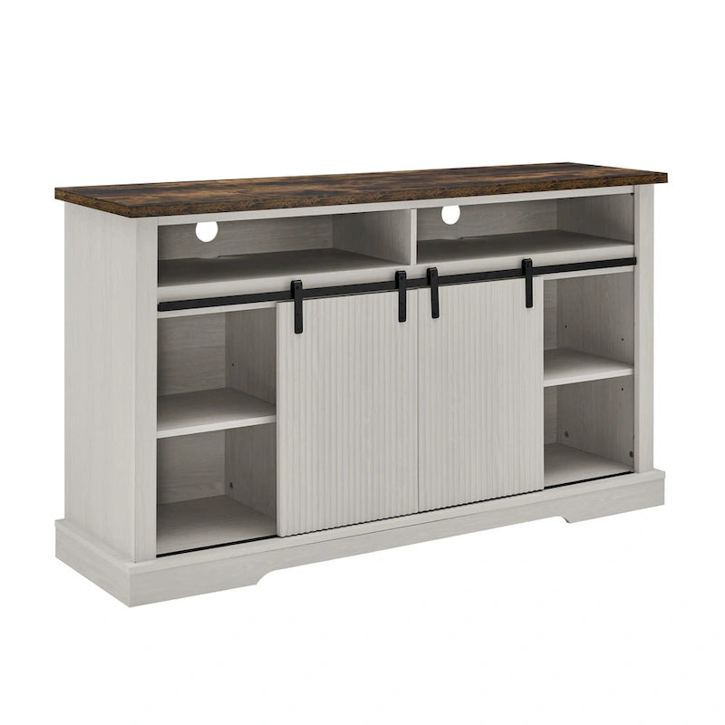 Meuble TV rustique avec portes coulissantes de style grange, étagères de rangement supérieures et inférieures et étagères réglables pour salon
