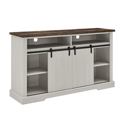Meuble TV rustique avec portes coulissantes de style grange, étagères de rangement supérieures et inférieures et étagères réglables pour salon