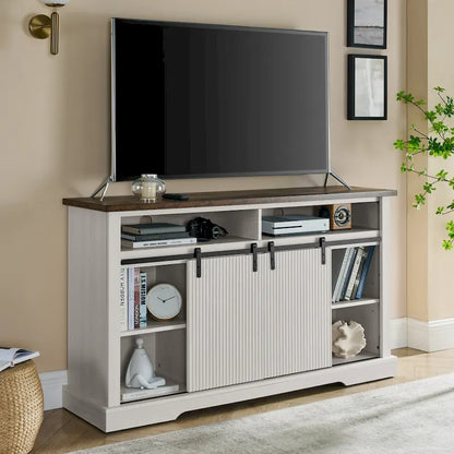 Meuble TV rustique avec portes coulissantes de style grange, étagères de rangement supérieures et inférieures et étagères réglables pour salon