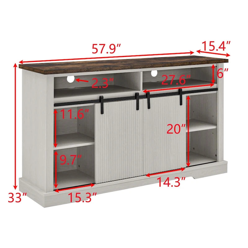 Meuble TV rustique avec portes coulissantes de style grange, étagères de rangement supérieures et inférieures et étagères réglables pour salon