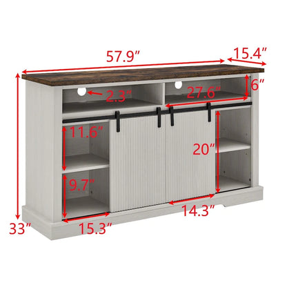 Meuble TV rustique avec portes coulissantes de style grange, étagères de rangement supérieures et inférieures et étagères réglables pour salon