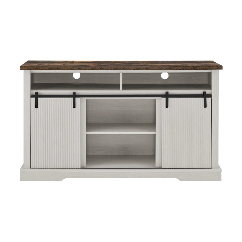 Meuble TV rustique avec portes coulissantes de style grange, étagères de rangement supérieures et inférieures et étagères réglables pour salon