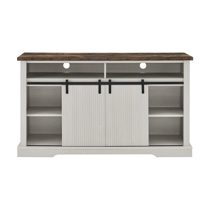 Meuble TV rustique avec portes coulissantes de style grange, étagères de rangement supérieures et inférieures et étagères réglables pour salon