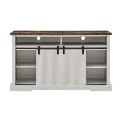 Meuble TV rustique avec portes coulissantes de style grange, étagères de rangement supérieures et inférieures et étagères réglables pour salon