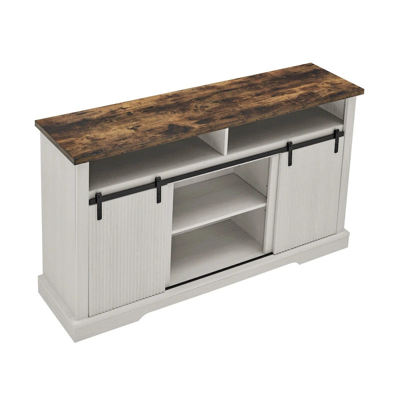 Meuble TV rustique avec portes coulissantes de style grange, étagères de rangement supérieures et inférieures et étagères réglables pour salon