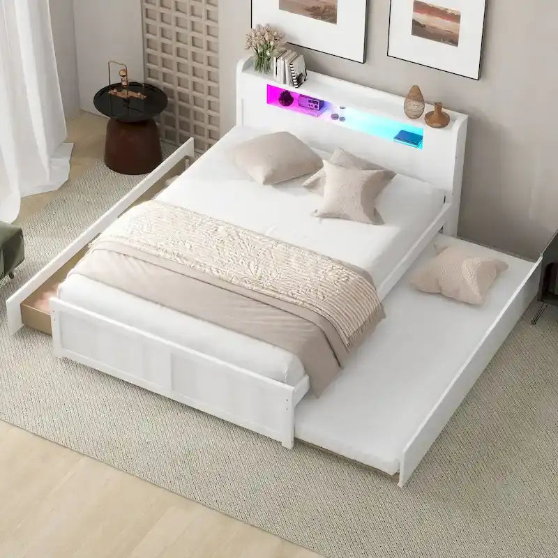 Lit plateforme Queen Size avec éclairage LED et lit gigogne, cadre de lit en bois avec étagère de tête de lit et 2 tiroirs pour enfants, adolescents et adultes