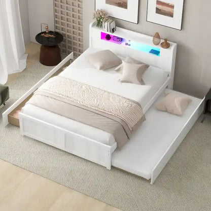Lit plateforme Queen Size avec éclairage LED et lit gigogne, cadre de lit en bois avec étagère de tête de lit et 2 tiroirs pour enfants, adolescents et adultes