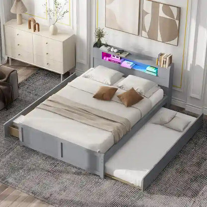 Queen Size Platform Bed with LED Lights & Trundle, Wood Storage Bed Frame with Headboard Shelf & 2 Drawers for Kids Teens Adults