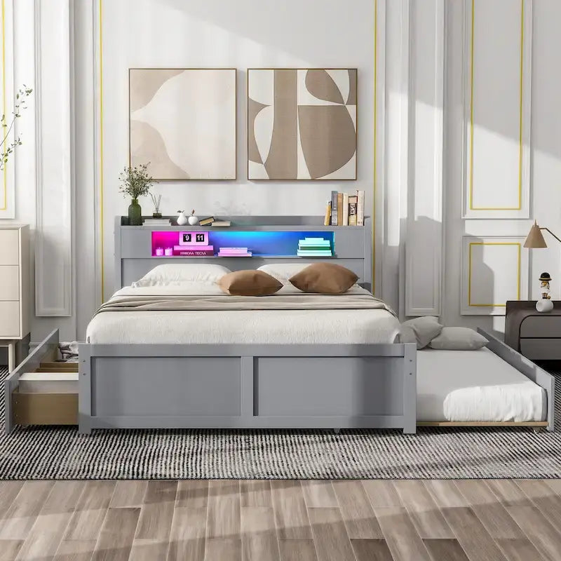Lit plateforme Queen Size avec éclairage LED et lit gigogne, cadre de lit en bois avec étagère de tête de lit et 2 tiroirs pour enfants, adolescents et adultes