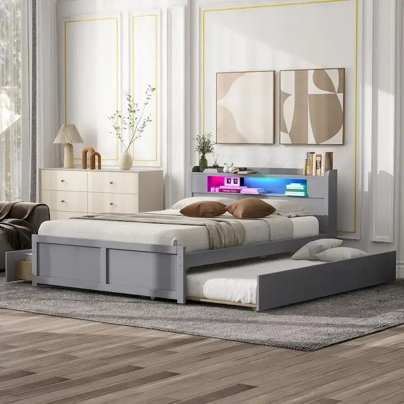 Lit plateforme Queen Size avec éclairage LED et lit gigogne, cadre de lit en bois avec étagère de tête de lit et 2 tiroirs pour enfants, adolescents et adultes