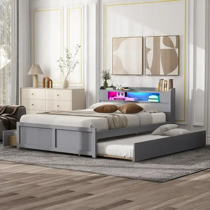 Lit plateforme Queen Size avec éclairage LED et lit gigogne, cadre de lit en bois avec étagère de tête de lit et 2 tiroirs pour enfants, adolescents et adultes