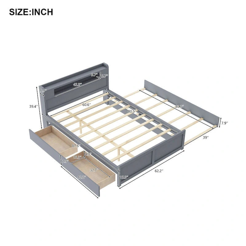 Lit plateforme Queen Size avec éclairage LED et lit gigogne, cadre de lit en bois avec étagère de tête de lit et 2 tiroirs pour enfants, adolescents et adultes
