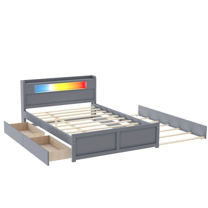 Lit plateforme Queen Size avec éclairage LED et lit gigogne, cadre de lit en bois avec étagère de tête de lit et 2 tiroirs pour enfants, adolescents et adultes