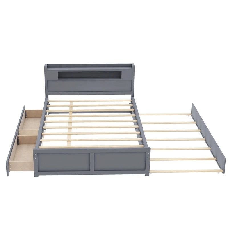 Lit plateforme Queen Size avec éclairage LED et lit gigogne, cadre de lit en bois avec étagère de tête de lit et 2 tiroirs pour enfants, adolescents et adultes