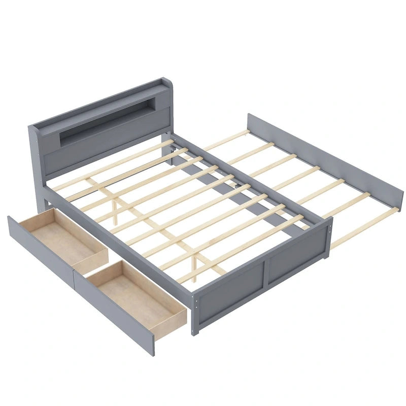Lit plateforme Queen Size avec éclairage LED et lit gigogne, cadre de lit en bois avec étagère de tête de lit et 2 tiroirs pour enfants, adolescents et adultes