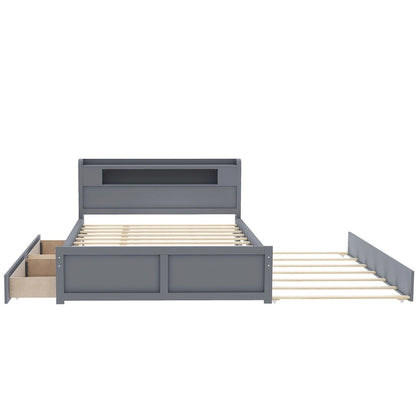 Lit plateforme Queen Size avec éclairage LED et lit gigogne, cadre de lit en bois avec étagère de tête de lit et 2 tiroirs pour enfants, adolescents et adultes