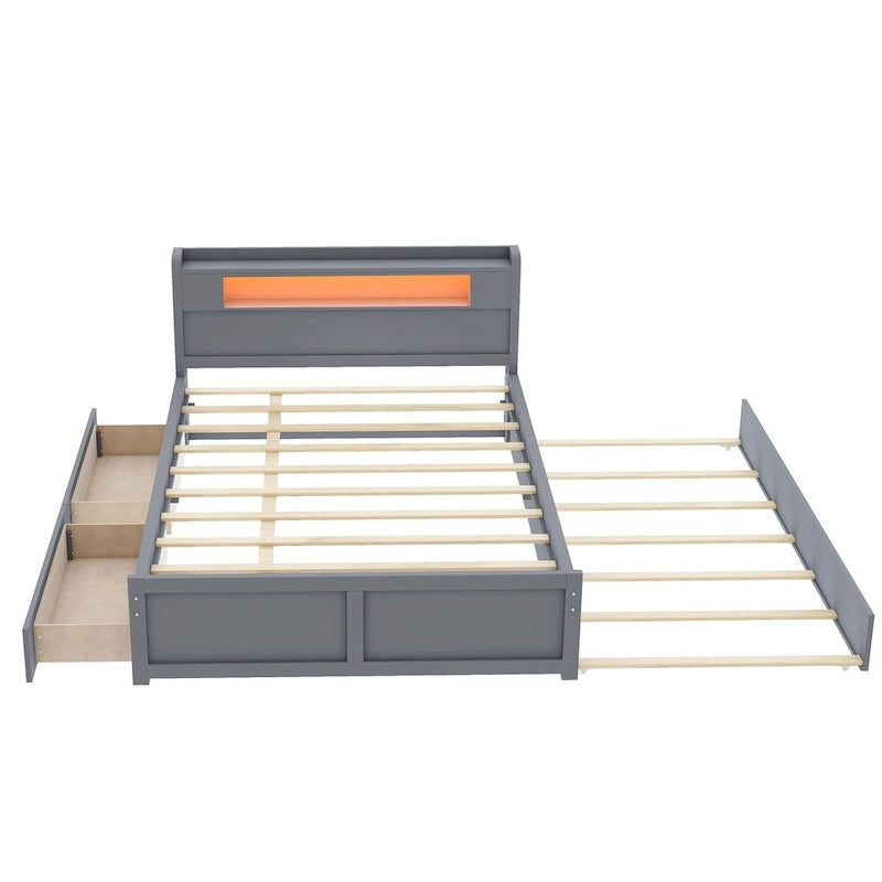 Lit plateforme Queen Size avec éclairage LED et lit gigogne, cadre de lit en bois avec étagère de tête de lit et 2 tiroirs pour enfants, adolescents et adultes