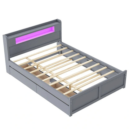 Lit plateforme Queen Size avec éclairage LED et lit gigogne, cadre de lit en bois avec étagère de tête de lit et 2 tiroirs pour enfants, adolescents et adultes