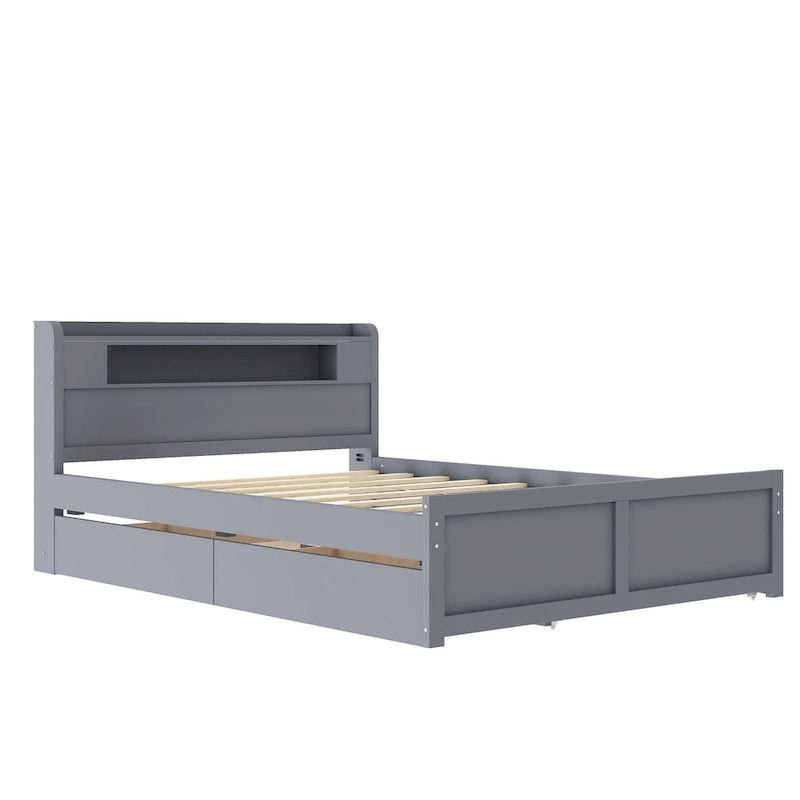 Lit plateforme Queen Size avec éclairage LED et lit gigogne, cadre de lit en bois avec étagère de tête de lit et 2 tiroirs pour enfants, adolescents et adultes