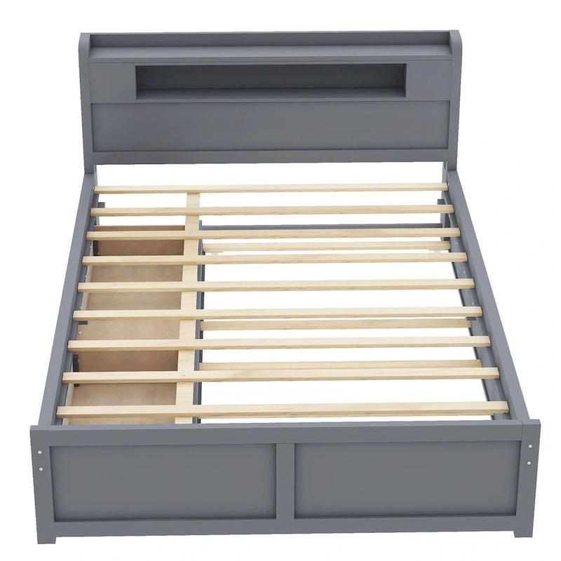 Lit plateforme Queen Size avec éclairage LED et lit gigogne, cadre de lit en bois avec étagère de tête de lit et 2 tiroirs pour enfants, adolescents et adultes