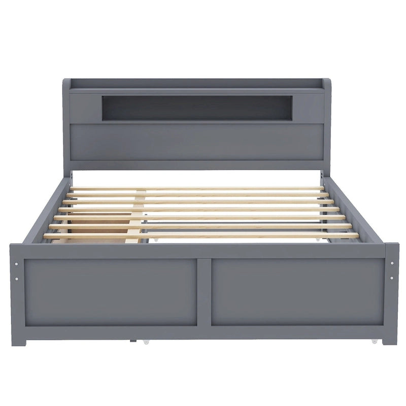 Lit plateforme Queen Size avec éclairage LED et lit gigogne, cadre de lit en bois avec étagère de tête de lit et 2 tiroirs pour enfants, adolescents et adultes