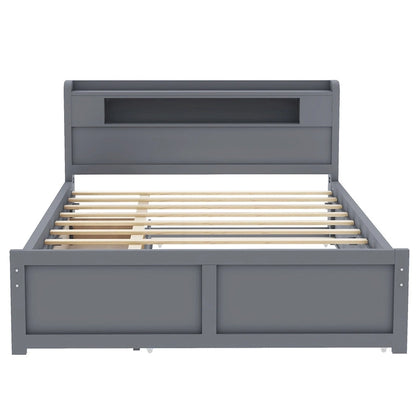 Lit plateforme Queen Size avec éclairage LED et lit gigogne, cadre de lit en bois avec étagère de tête de lit et 2 tiroirs pour enfants, adolescents et adultes