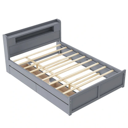 Lit plateforme Queen Size avec éclairage LED et lit gigogne, cadre de lit en bois avec étagère de tête de lit et 2 tiroirs pour enfants, adolescents et adultes