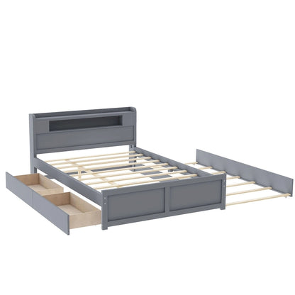 Lit plateforme Queen Size avec éclairage LED et lit gigogne, cadre de lit en bois avec étagère de tête de lit et 2 tiroirs pour enfants, adolescents et adultes