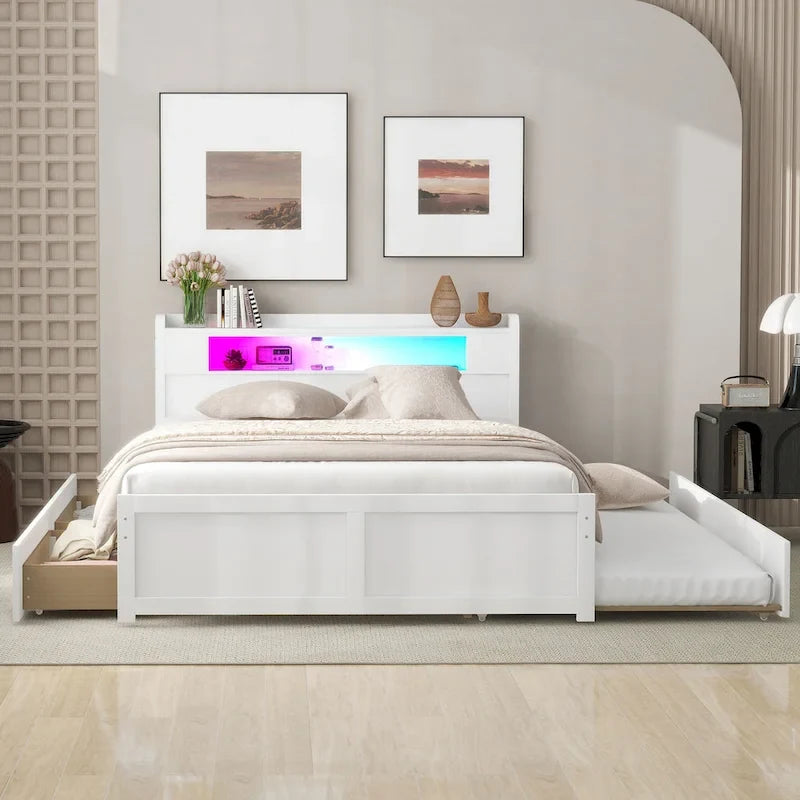 Lit plateforme Queen Size avec éclairage LED et lit gigogne, cadre de lit en bois avec étagère de tête de lit et 2 tiroirs pour enfants, adolescents et adultes