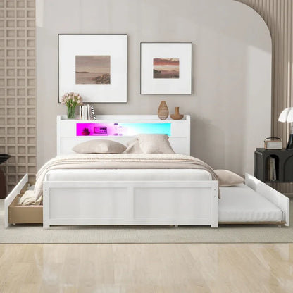 Lit plateforme Queen Size avec éclairage LED et lit gigogne, cadre de lit en bois avec étagère de tête de lit et 2 tiroirs pour enfants, adolescents et adultes
