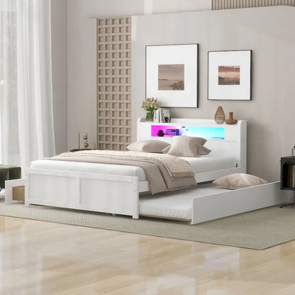 Lit plateforme Queen Size avec éclairage LED et lit gigogne, cadre de lit en bois avec étagère de tête de lit et 2 tiroirs pour enfants, adolescents et adultes