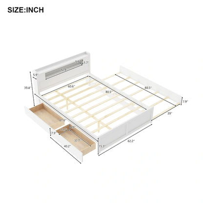 Lit plateforme Queen Size avec éclairage LED et lit gigogne, cadre de lit en bois avec étagère de tête de lit et 2 tiroirs pour enfants, adolescents et adultes