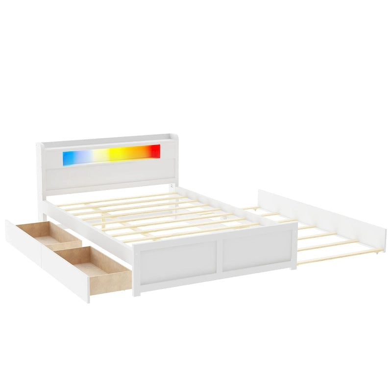 Lit plateforme Queen Size avec éclairage LED et lit gigogne, cadre de lit en bois avec étagère de tête de lit et 2 tiroirs pour enfants, adolescents et adultes