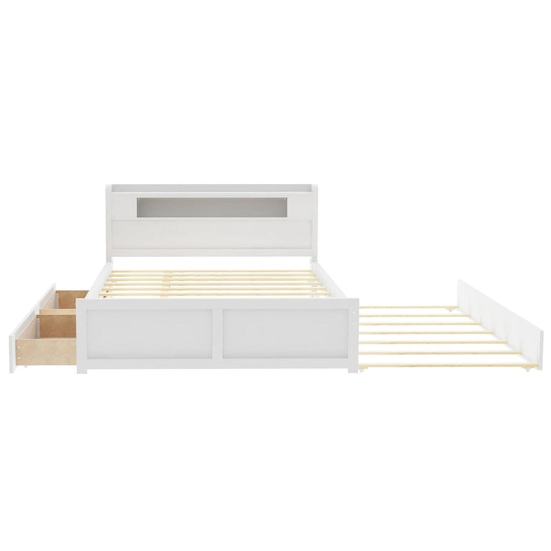 Lit plateforme Queen Size avec éclairage LED et lit gigogne, cadre de lit en bois avec étagère de tête de lit et 2 tiroirs pour enfants, adolescents et adultes