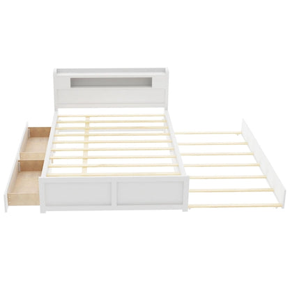 Lit plateforme Queen Size avec éclairage LED et lit gigogne, cadre de lit en bois avec étagère de tête de lit et 2 tiroirs pour enfants, adolescents et adultes