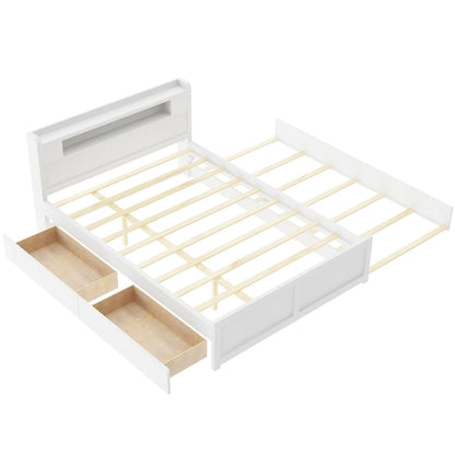 Lit plateforme Queen Size avec éclairage LED et lit gigogne, cadre de lit en bois avec étagère de tête de lit et 2 tiroirs pour enfants, adolescents et adultes
