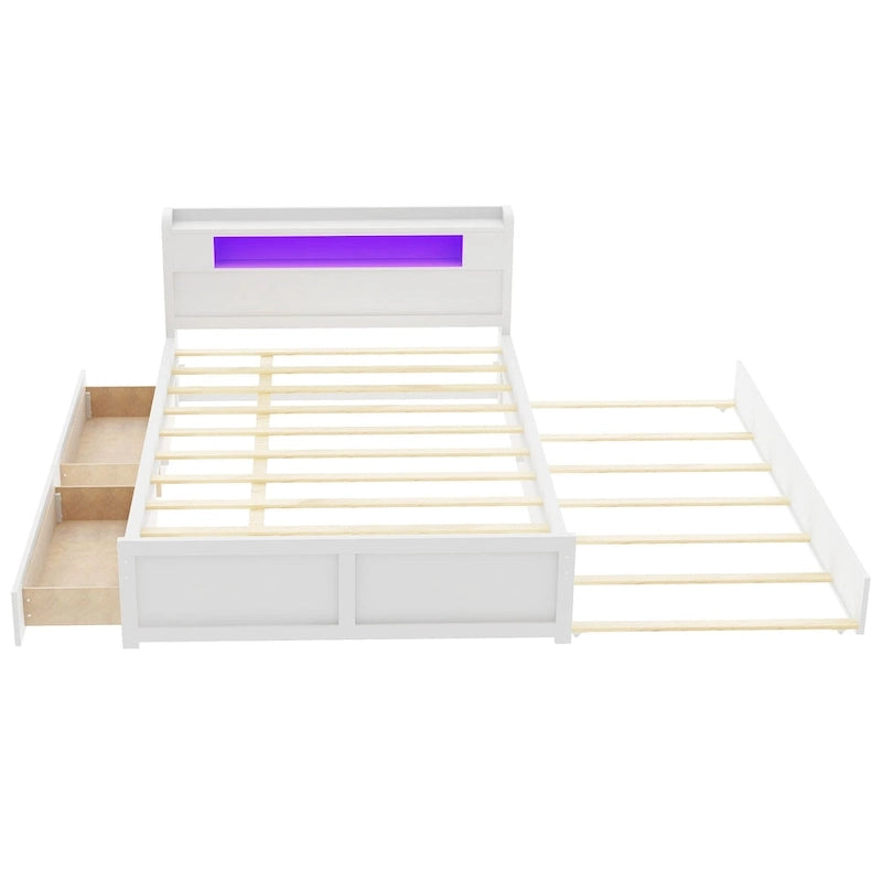 Lit plateforme Queen Size avec éclairage LED et lit gigogne, cadre de lit en bois avec étagère de tête de lit et 2 tiroirs pour enfants, adolescents et adultes