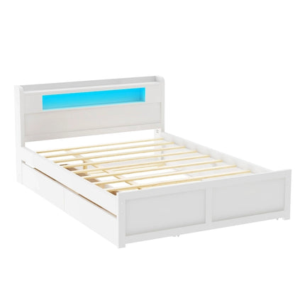 Lit plateforme Queen Size avec éclairage LED et lit gigogne, cadre de lit en bois avec étagère de tête de lit et 2 tiroirs pour enfants, adolescents et adultes