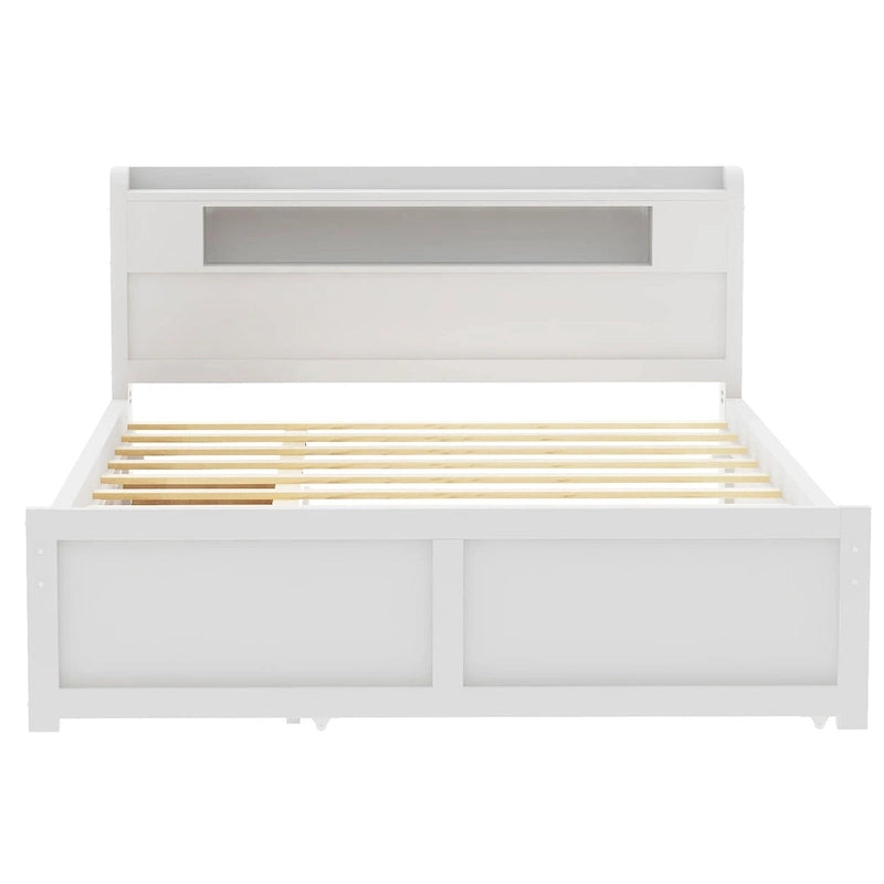 Lit plateforme Queen Size avec éclairage LED et lit gigogne, cadre de lit en bois avec étagère de tête de lit et 2 tiroirs pour enfants, adolescents et adultes