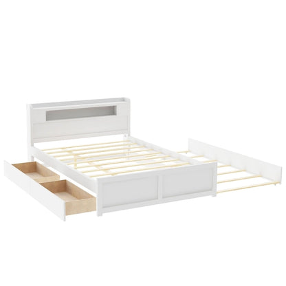 Lit plateforme Queen Size avec éclairage LED et lit gigogne, cadre de lit en bois avec étagère de tête de lit et 2 tiroirs pour enfants, adolescents et adultes
