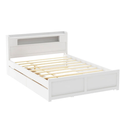Lit plateforme Queen Size avec éclairage LED et lit gigogne, cadre de lit en bois avec étagère de tête de lit et 2 tiroirs pour enfants, adolescents et adultes