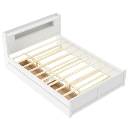 Lit plateforme Queen Size avec éclairage LED et lit gigogne, cadre de lit en bois avec étagère de tête de lit et 2 tiroirs pour enfants, adolescents et adultes