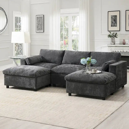 Canapé d'angle modulable en forme de U avec poches de rangement, coussins et pouf