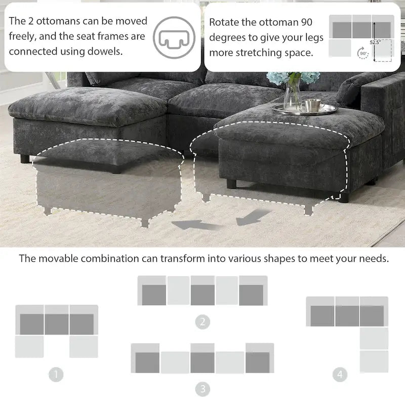 Canapé d'angle modulable en forme de U avec poches de rangement, coussins et pouf