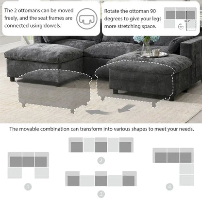 Canapé d'angle modulable en forme de U avec poches de rangement, coussins et pouf