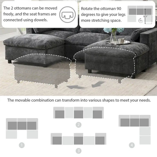 Canapé d'angle modulable en forme de U avec poches de rangement, coussins et pouf