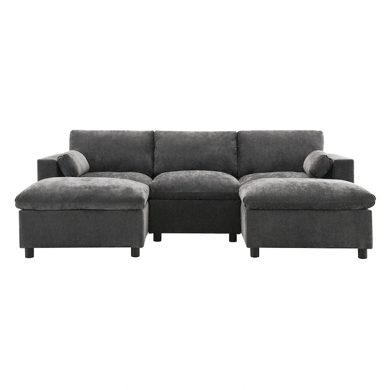 Canapé d'angle modulable en forme de U avec poches de rangement, coussins et pouf