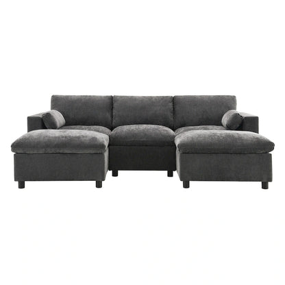 Canapé d'angle modulable en forme de U avec poches de rangement, coussins et pouf