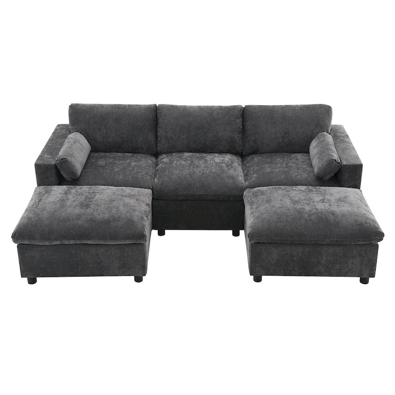 Canapé d'angle modulable en forme de U avec poches de rangement, coussins et pouf